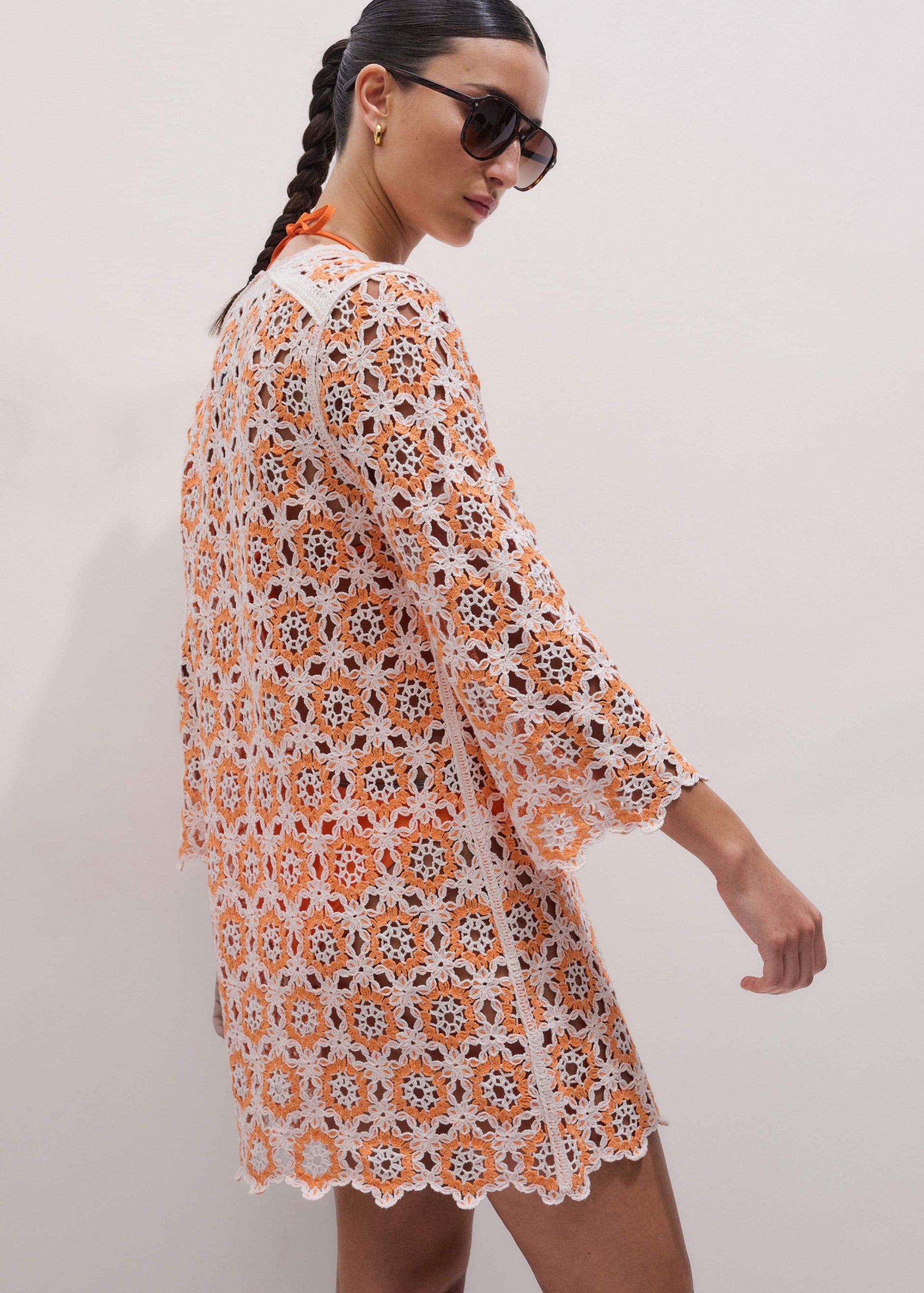 Orange Floral Crochet Mini Beach Dress