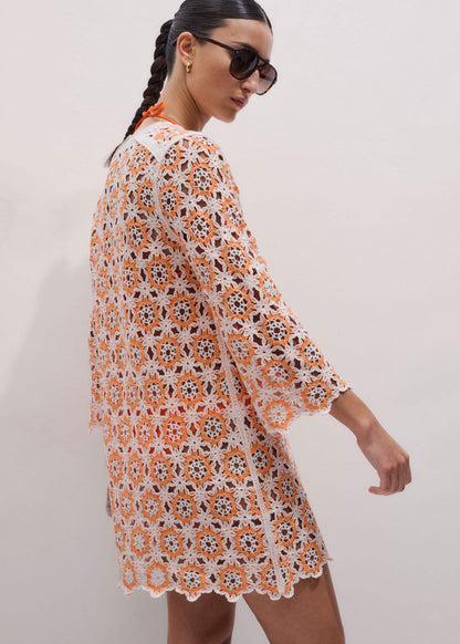 Orange Floral Crochet Mini Beach Dress