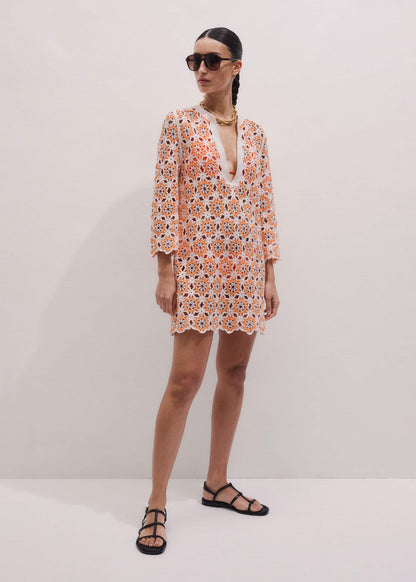 Orange Floral Crochet Mini Beach Dress