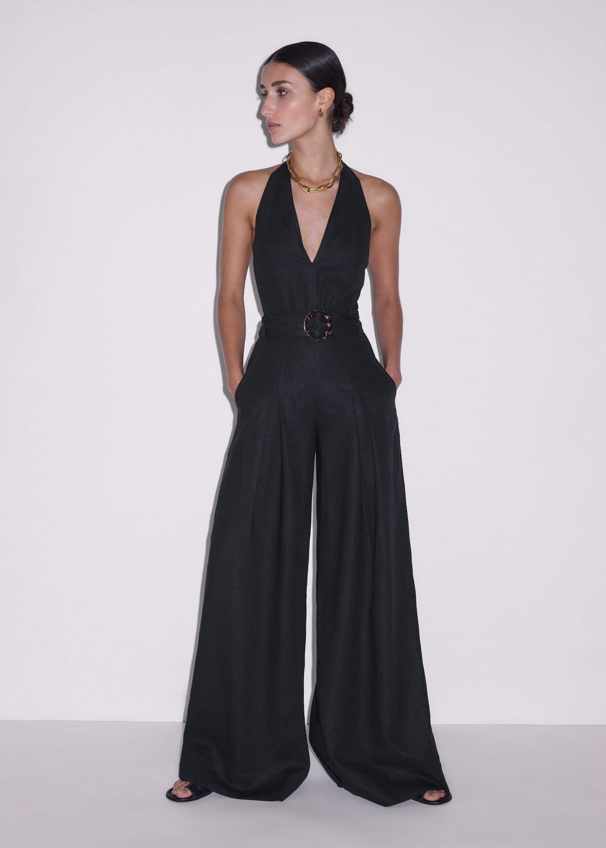 Black Crease-Less Linen Halterneck Wide Jumpsuit