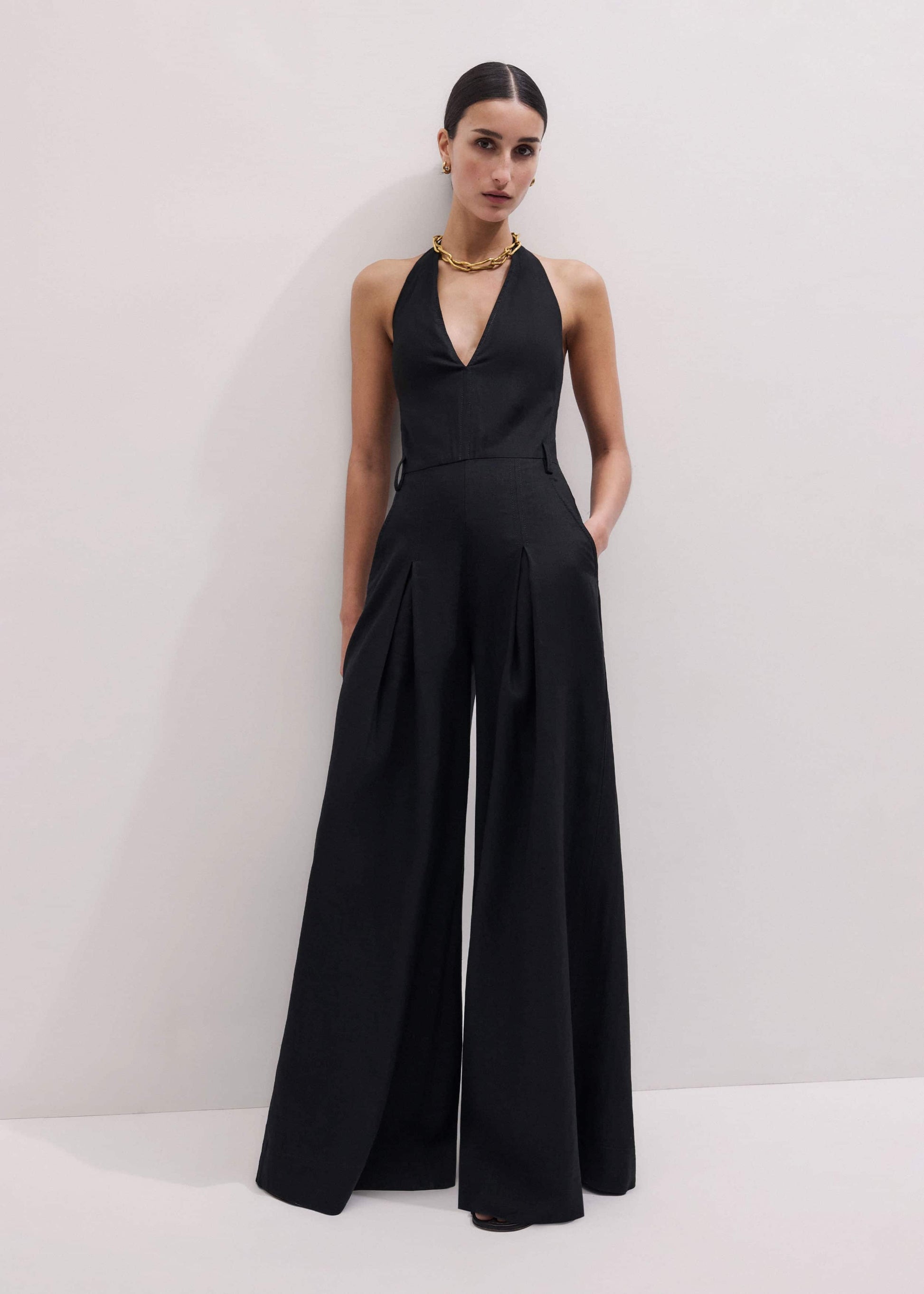 Black Crease-Less Linen Halterneck Wide Jumpsuit