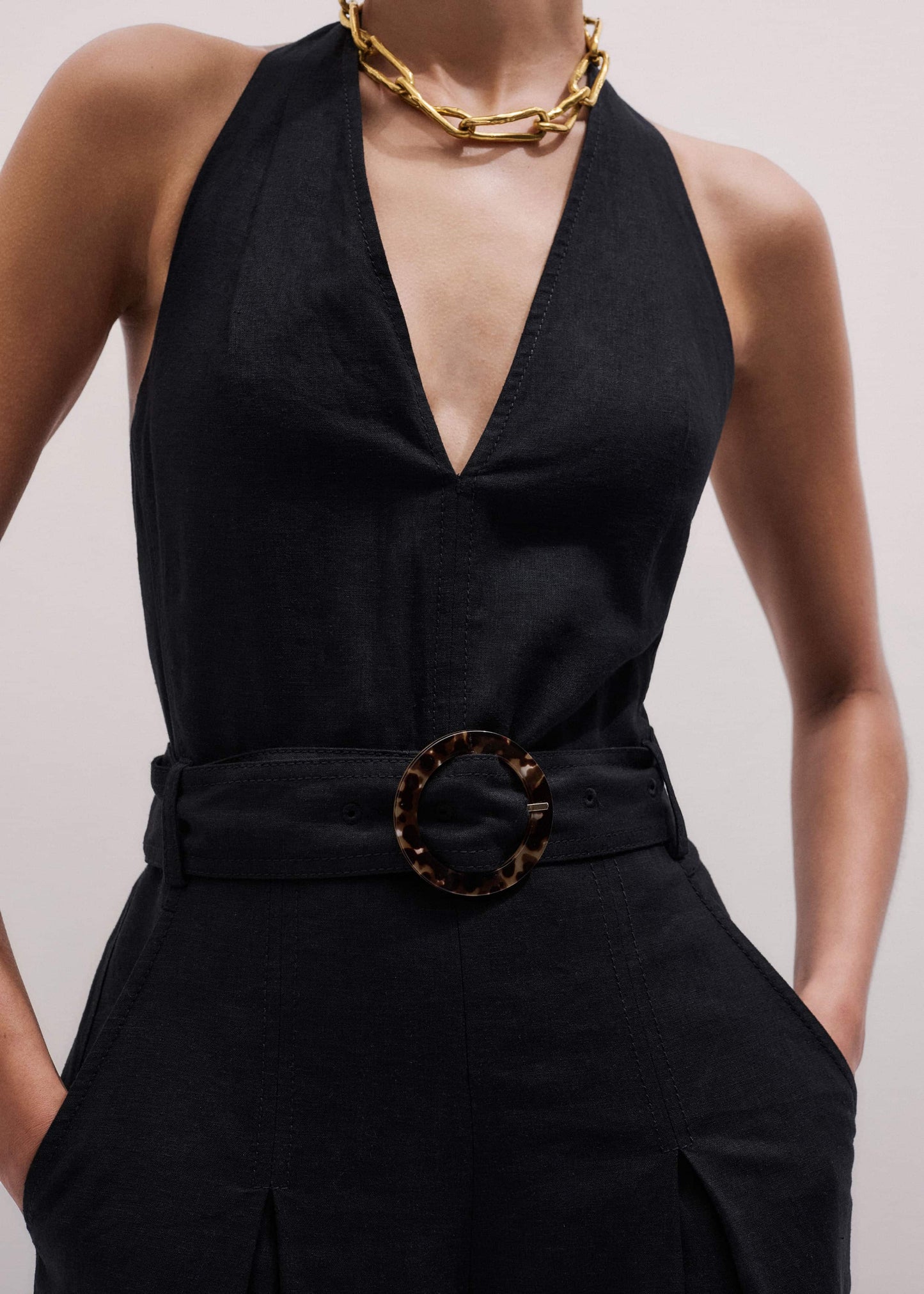 Black Crease-Less Linen Halterneck Wide Jumpsuit