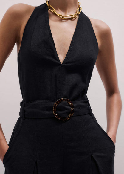 Black Crease-Less Linen Halterneck Wide Jumpsuit