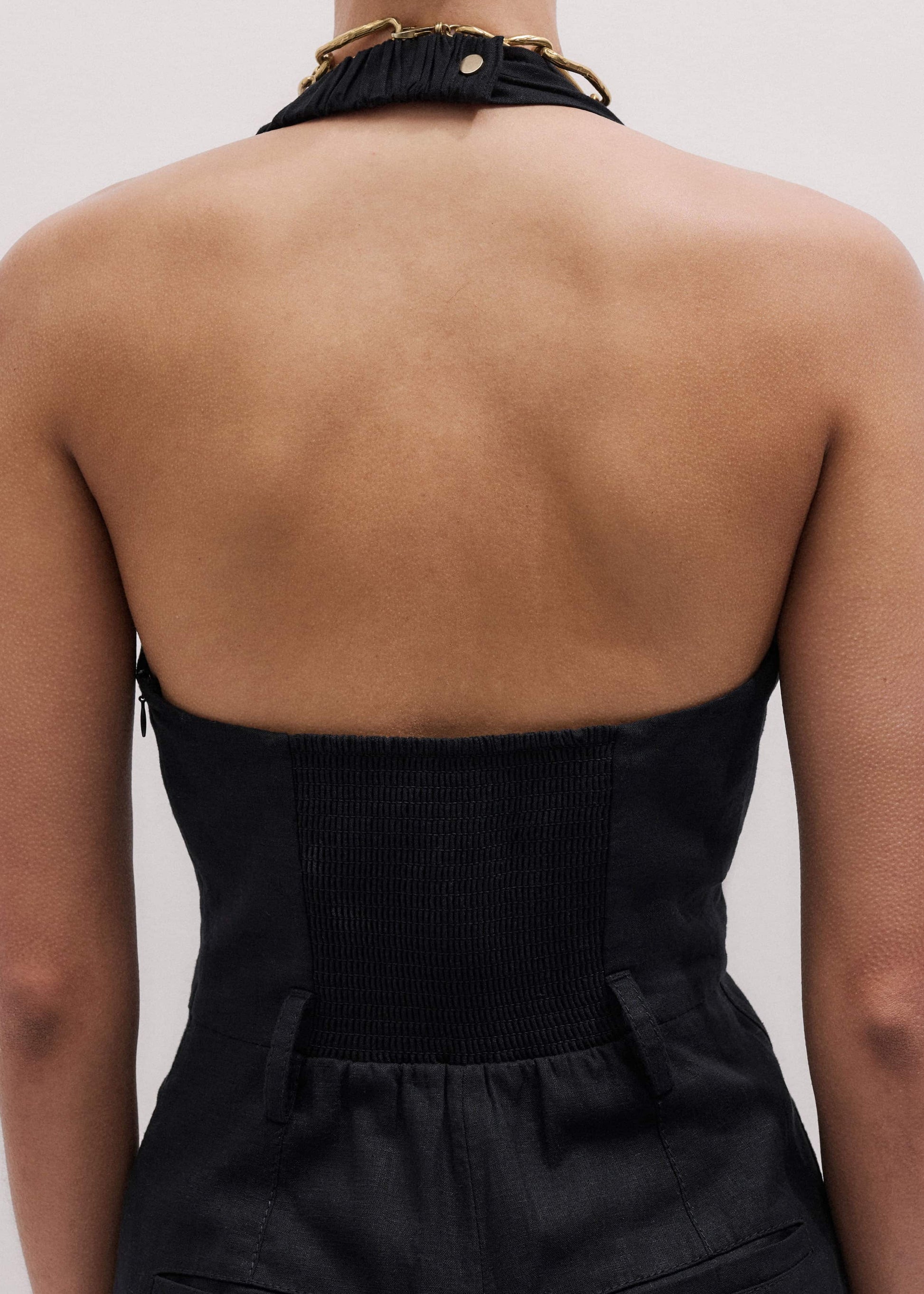 Black Crease-Less Linen Halterneck Wide Jumpsuit