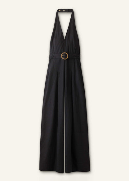 Black Crease-Less Linen Halterneck Wide Jumpsuit