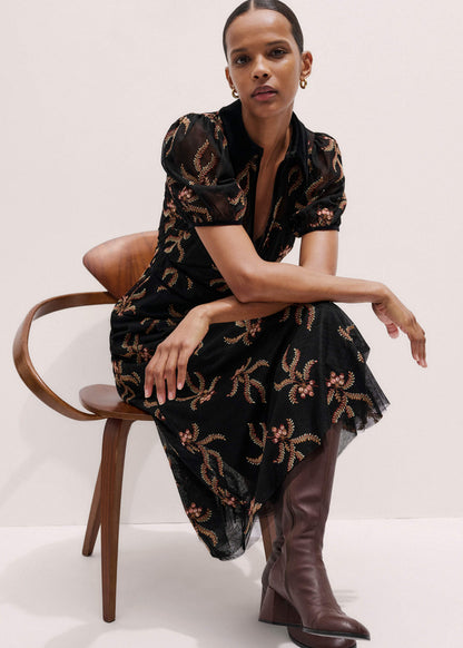 Black Autumn Floral Embroidery Maxi Dress