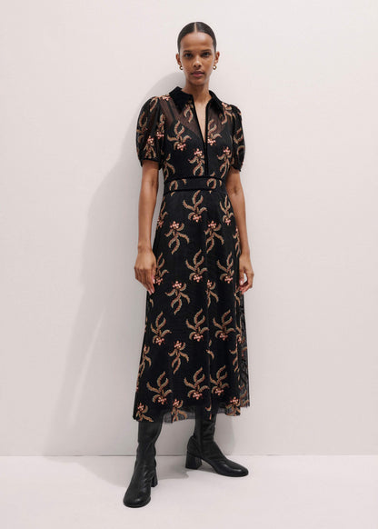 Black Autumn Floral Embroidery Maxi Dress