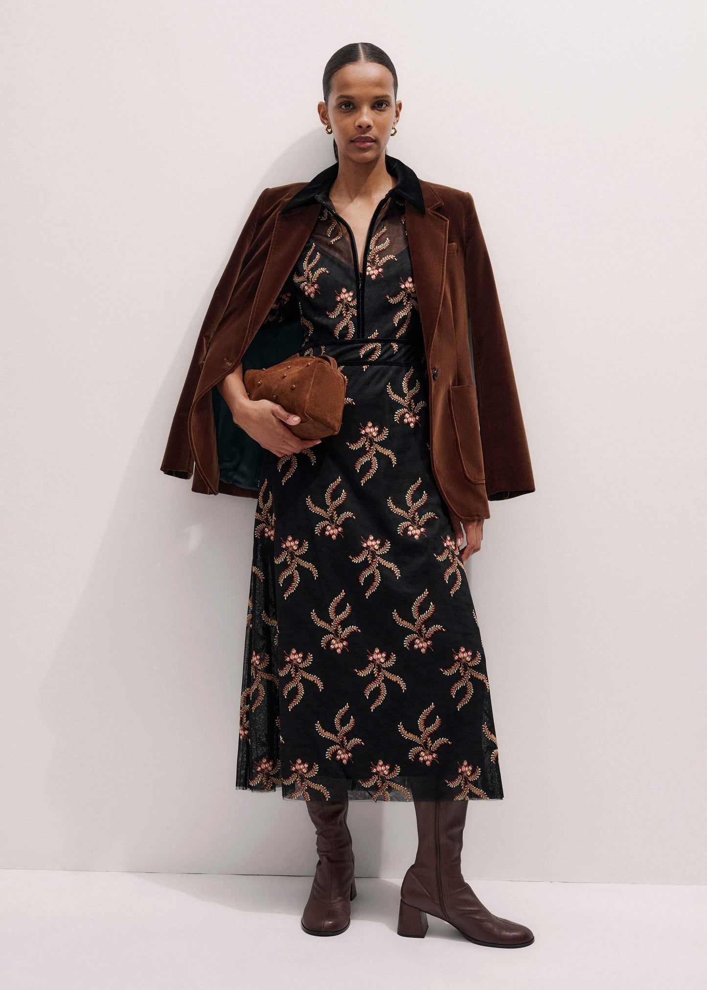 Black Autumn Floral Embroidery Maxi Dress