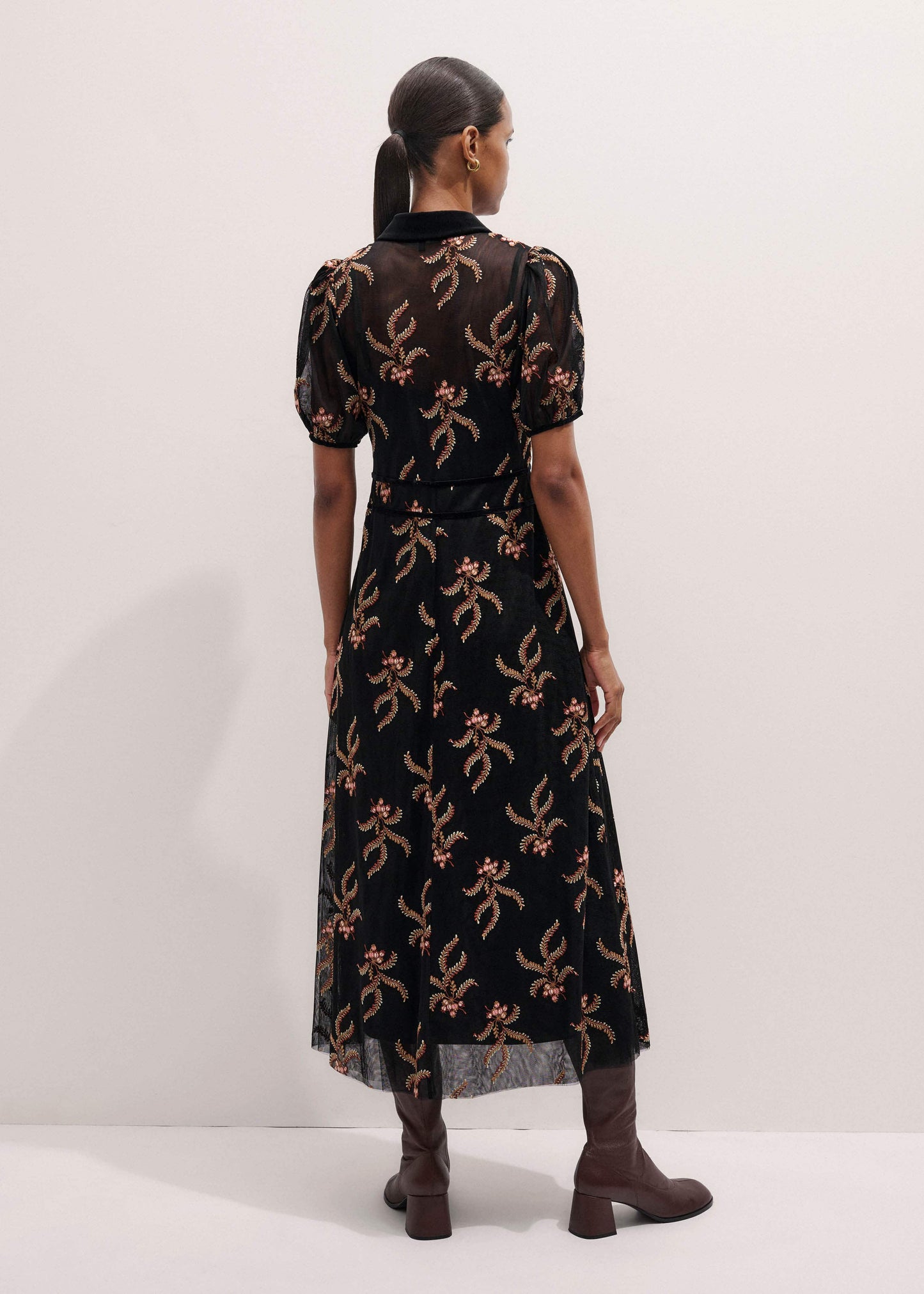 Black Autumn Floral Embroidery Maxi Dress