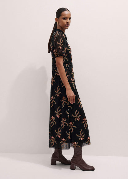 Black Autumn Floral Embroidery Maxi Dress