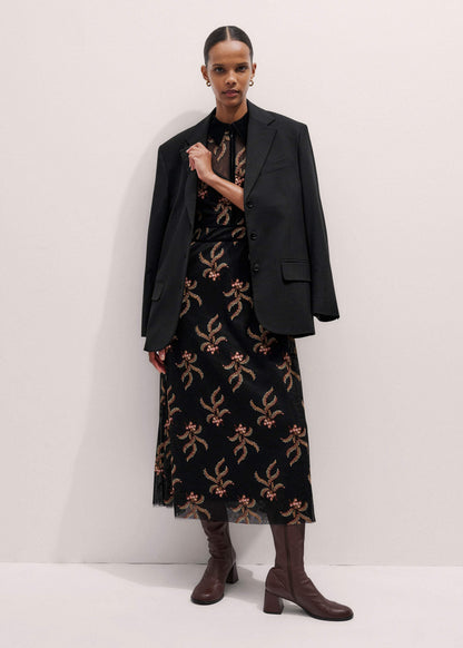 Black Autumn Floral Embroidery Maxi Dress
