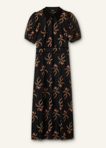 Black Autumn Floral Embroidery Maxi Dress
