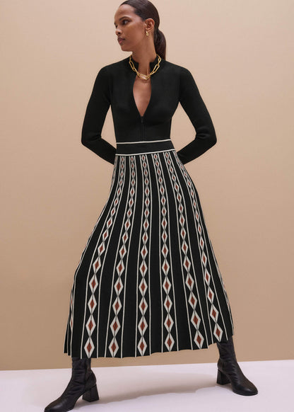 Black Jacquard Half Zip Maxi Dress
