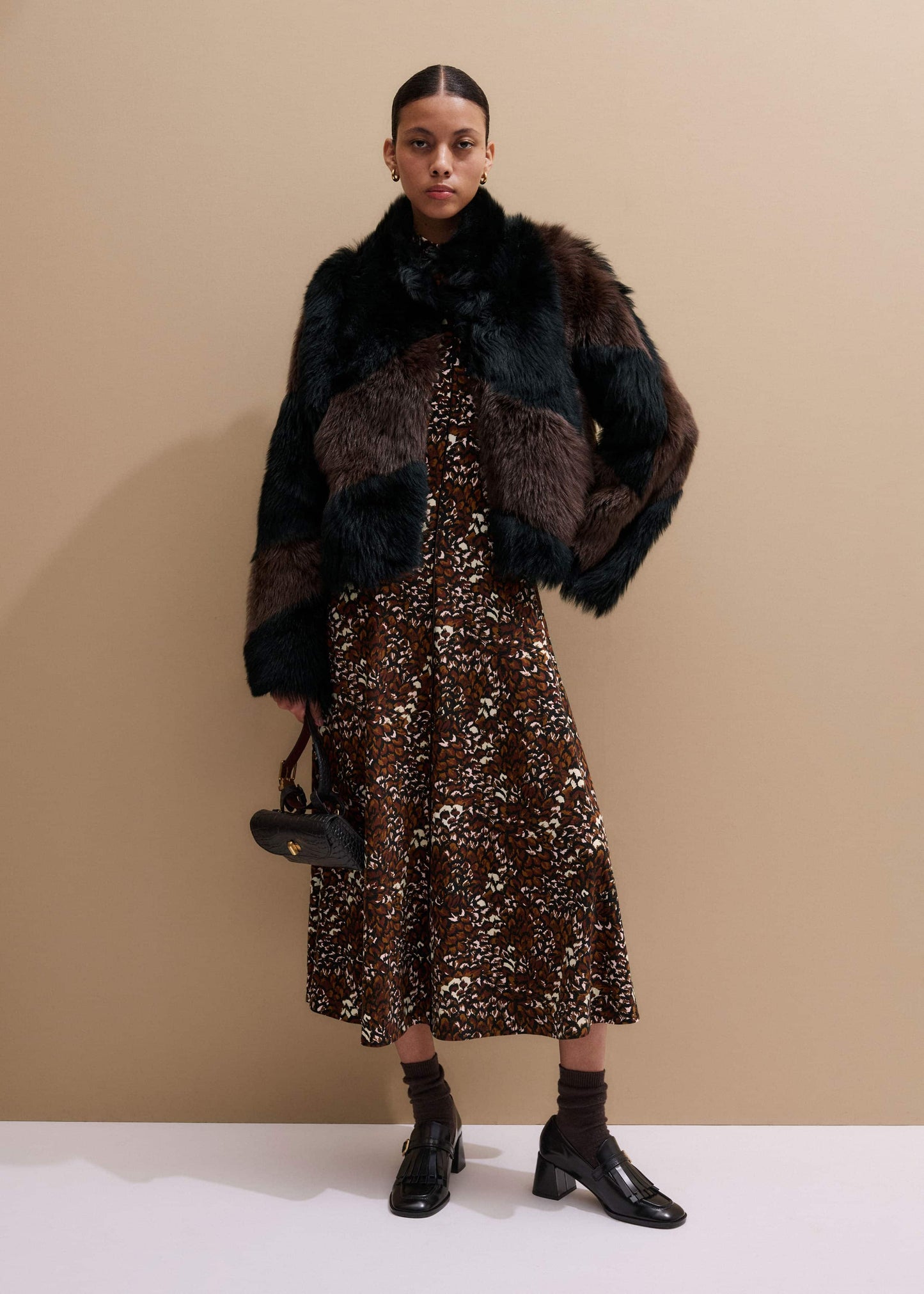 Brown Twisting Feather Print High Neck Maxi Dress