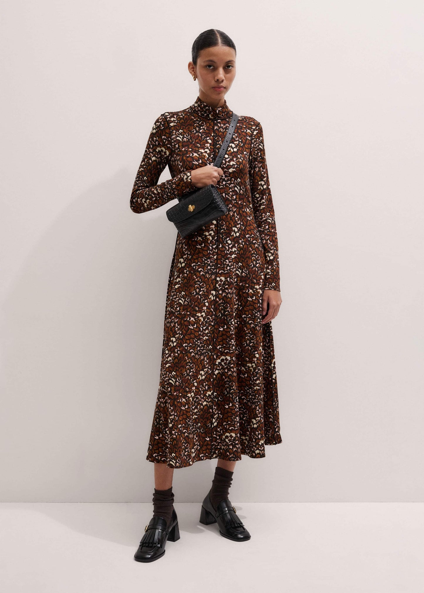 Brown Twisting Feather Print High Neck Maxi Dress
