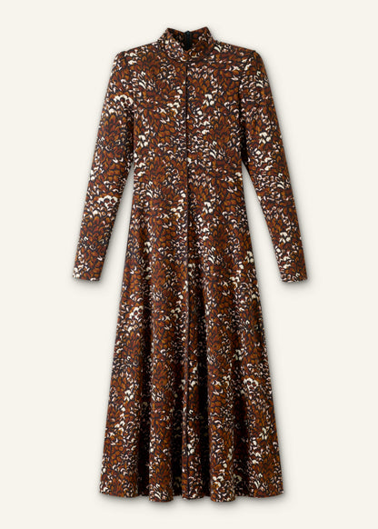 Brown Twisting Feather Print High Neck Maxi Dress