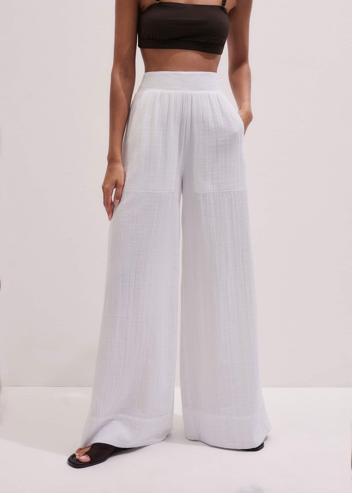 White Cheesecloth Wide-Leg Pant