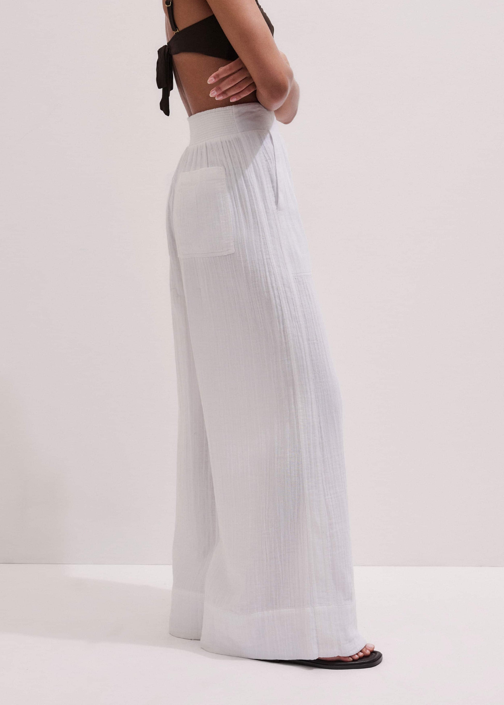 White Cheesecloth Wide-Leg Pant