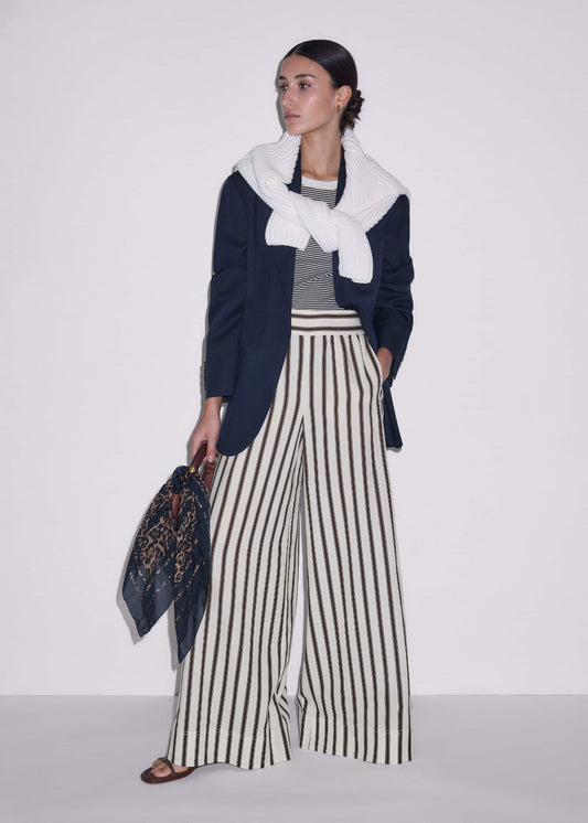 Cream Linen-Blend Spring Stripe Wide-Leg Pant