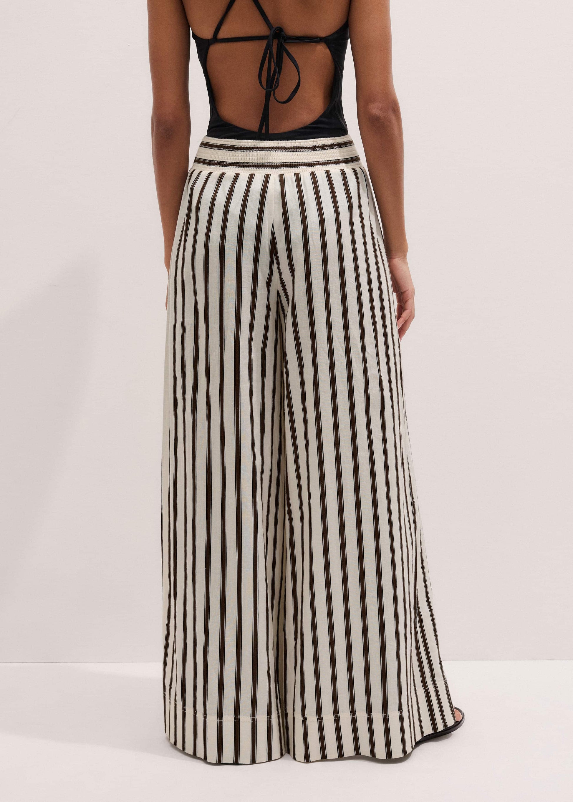 Cream Linen-Blend Spring Stripe Wide-Leg Pant