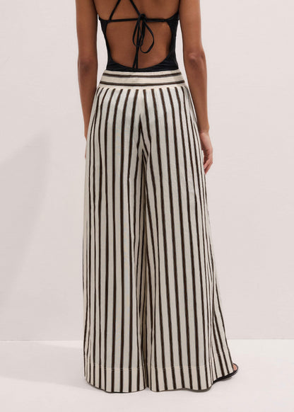 Cream Linen-Blend Spring Stripe Wide-Leg Pant