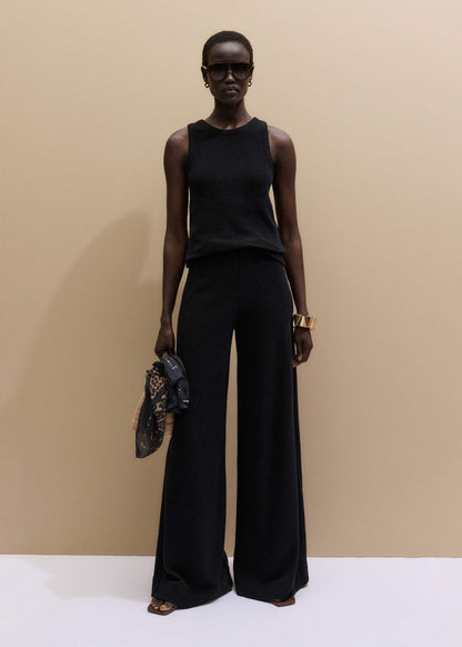 Black Textured Wide-Leg Palazzo Pant