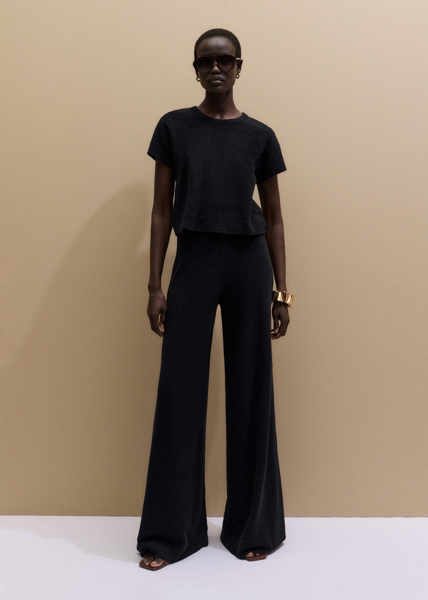 Black Textured Wide-Leg Palazzo Pant