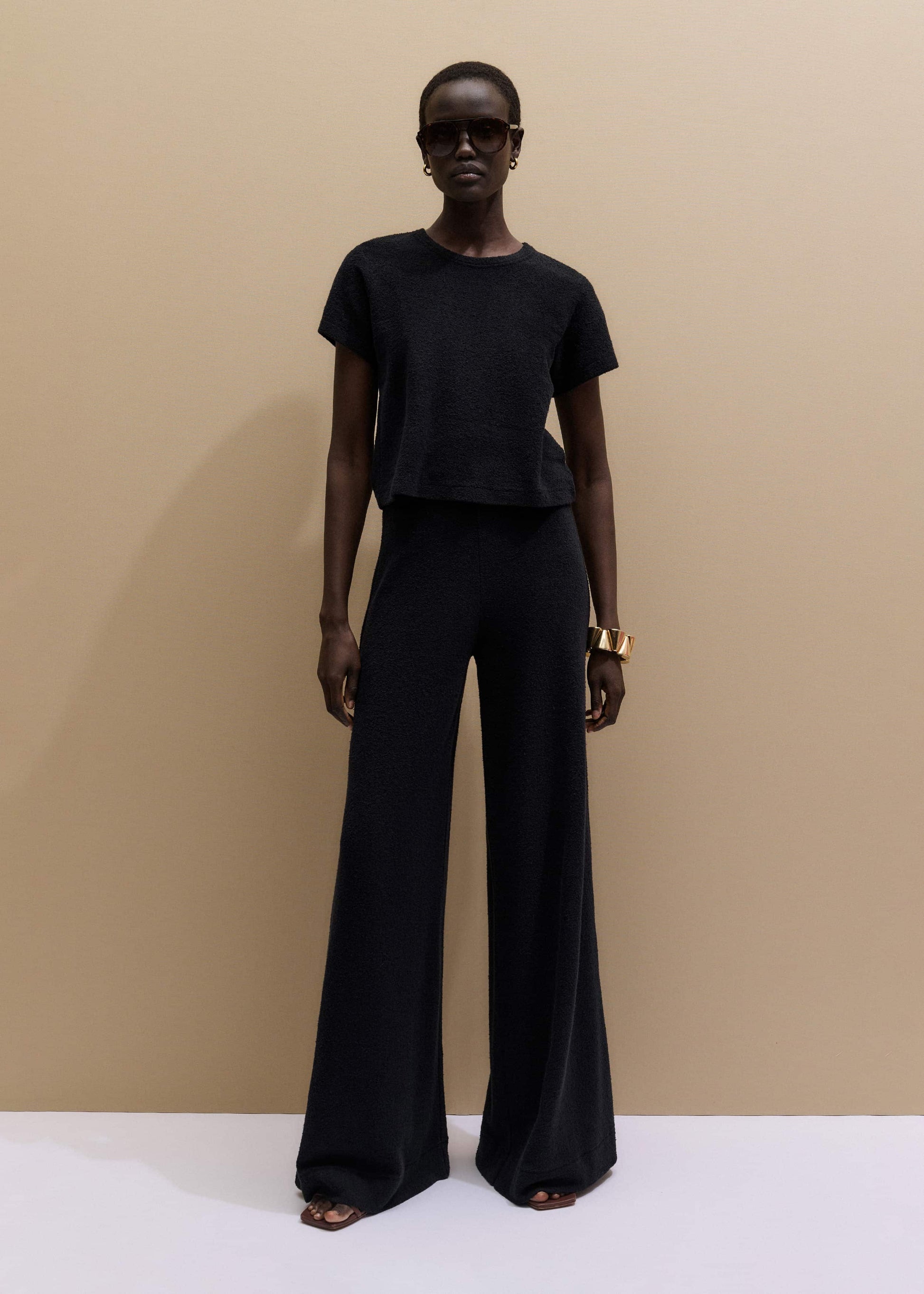 Black Textured Wide-Leg Palazzo Pant