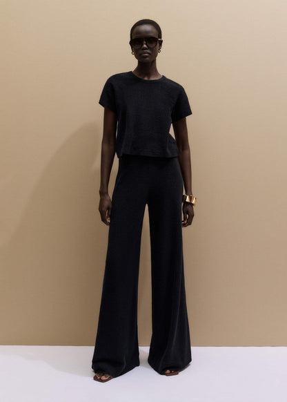 Black Textured Wide-Leg Palazzo Pant