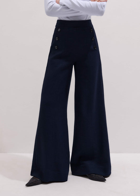Navy Button Front High Waist Wide-Leg Pant