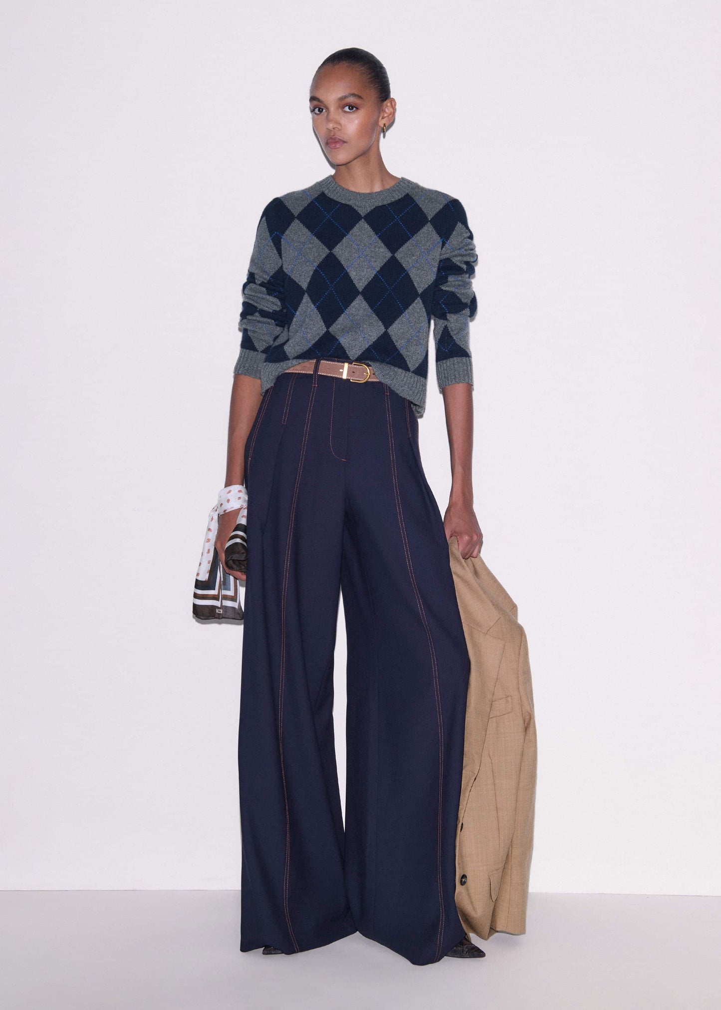 Navy Contrast Top Stitch Wide-Leg Pant