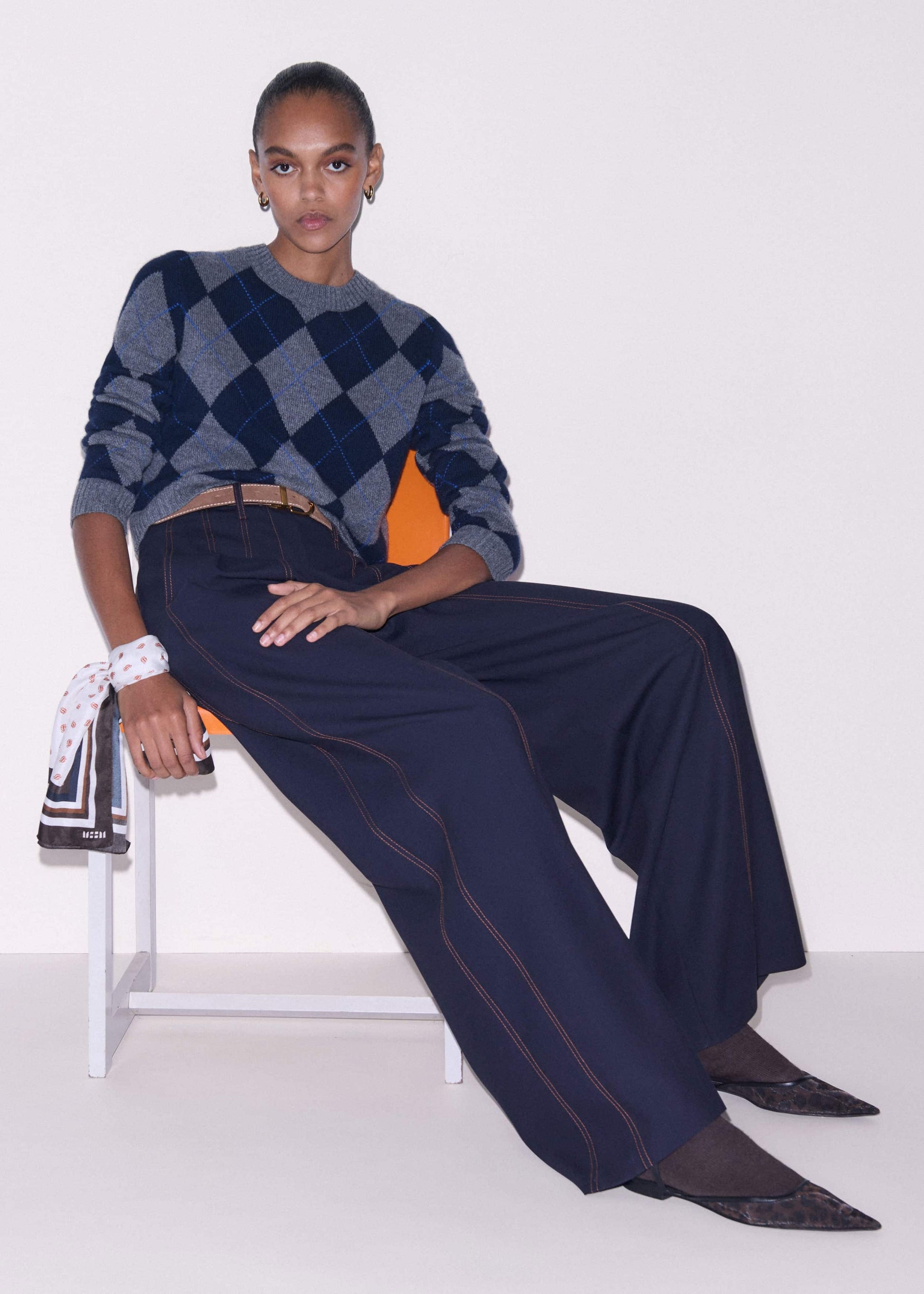 Navy Contrast Top Stitch Wide-Leg Pant