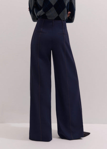 Navy Contrast Top Stitch Wide-Leg Pant