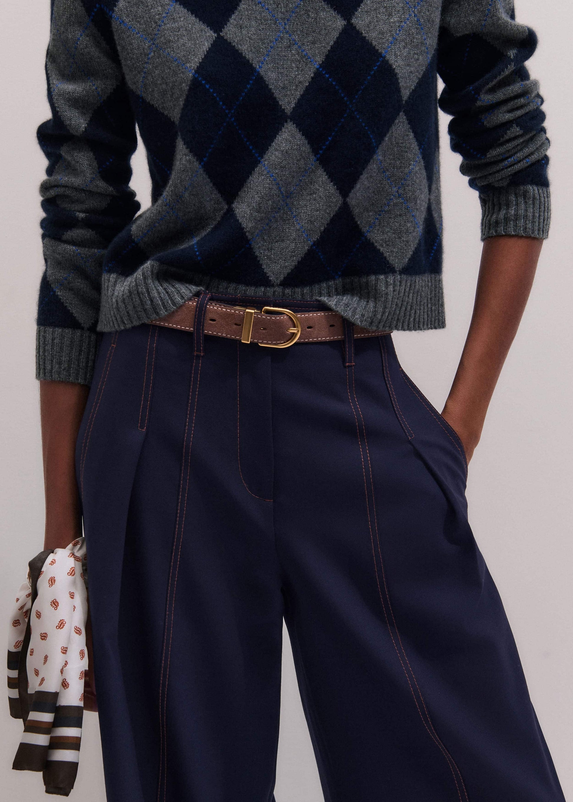 Navy Contrast Top Stitch Wide-Leg Pant