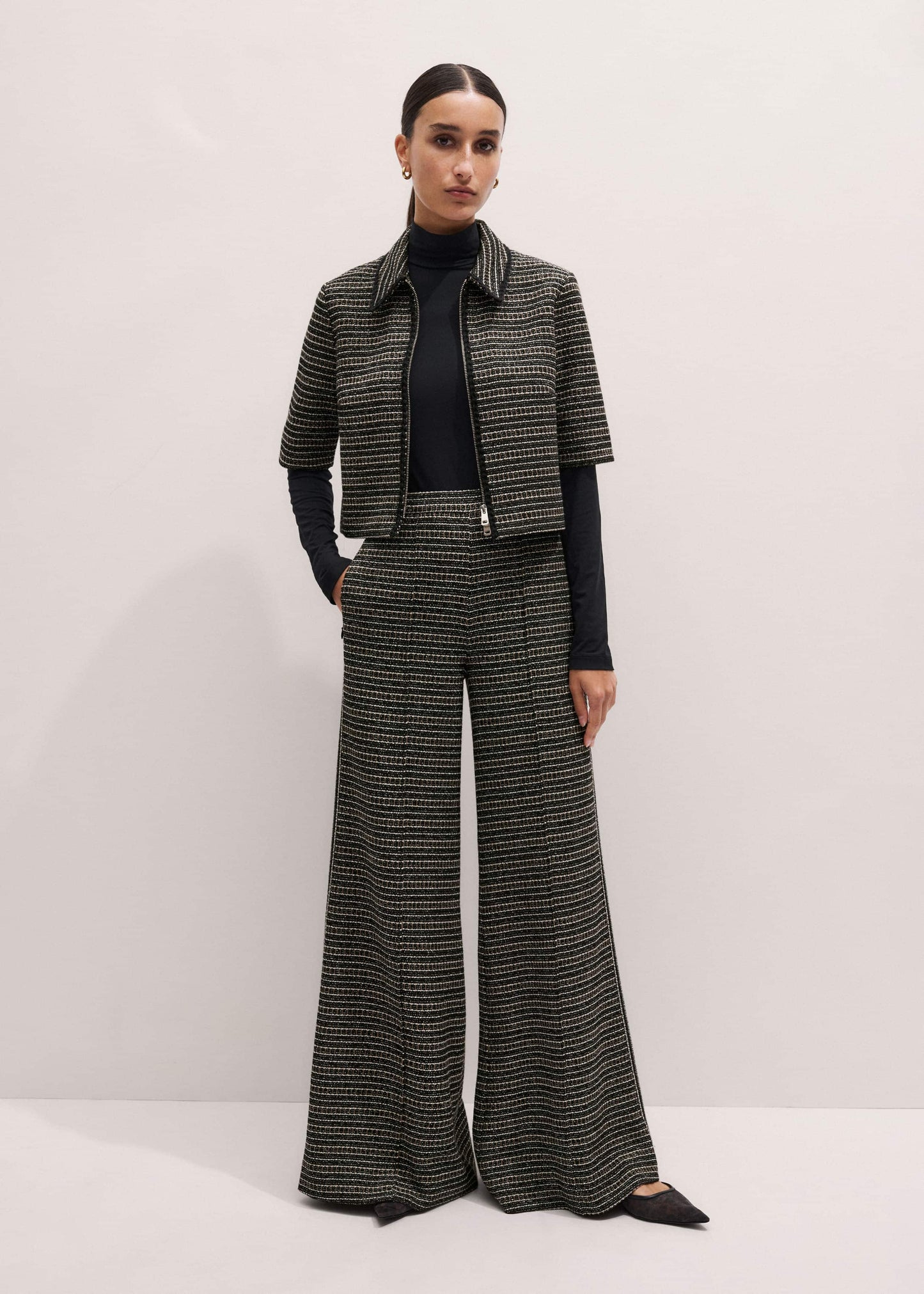 Black Stripe Tweed Wide-Leg Pant