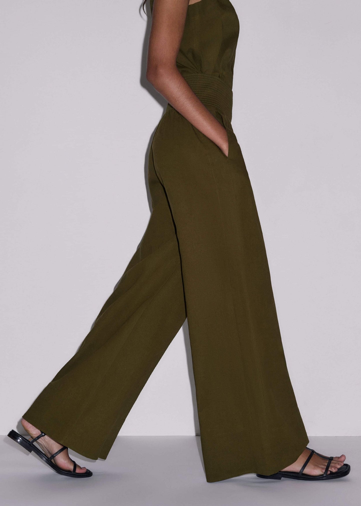 Olive Green Shirred Wide Pant