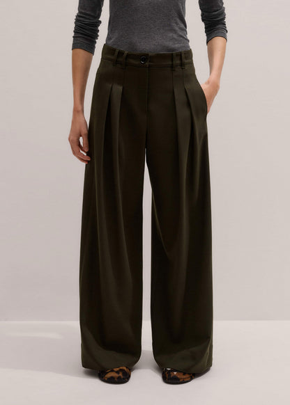 Olive Green Wide-Leg Double Pleat Pant
