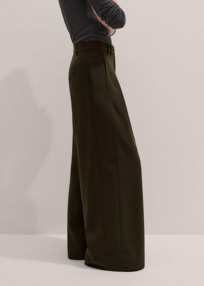 Olive Green Wide-Leg Double Pleat Pant