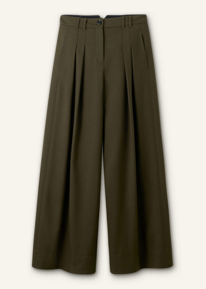 Olive Green Wide-Leg Double Pleat Pant