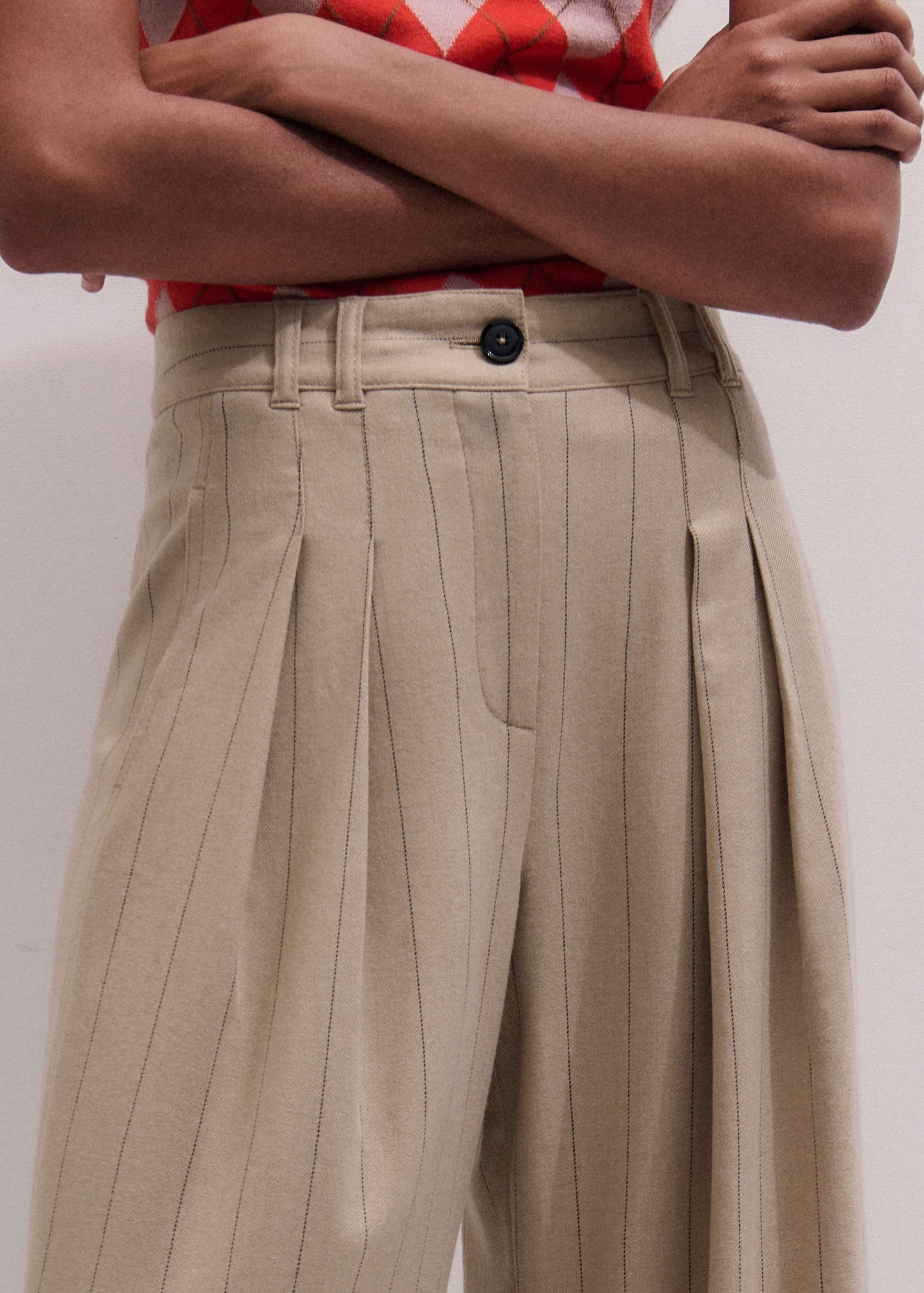 Brown Wide-Leg Double Pleat Pinstripe Pant