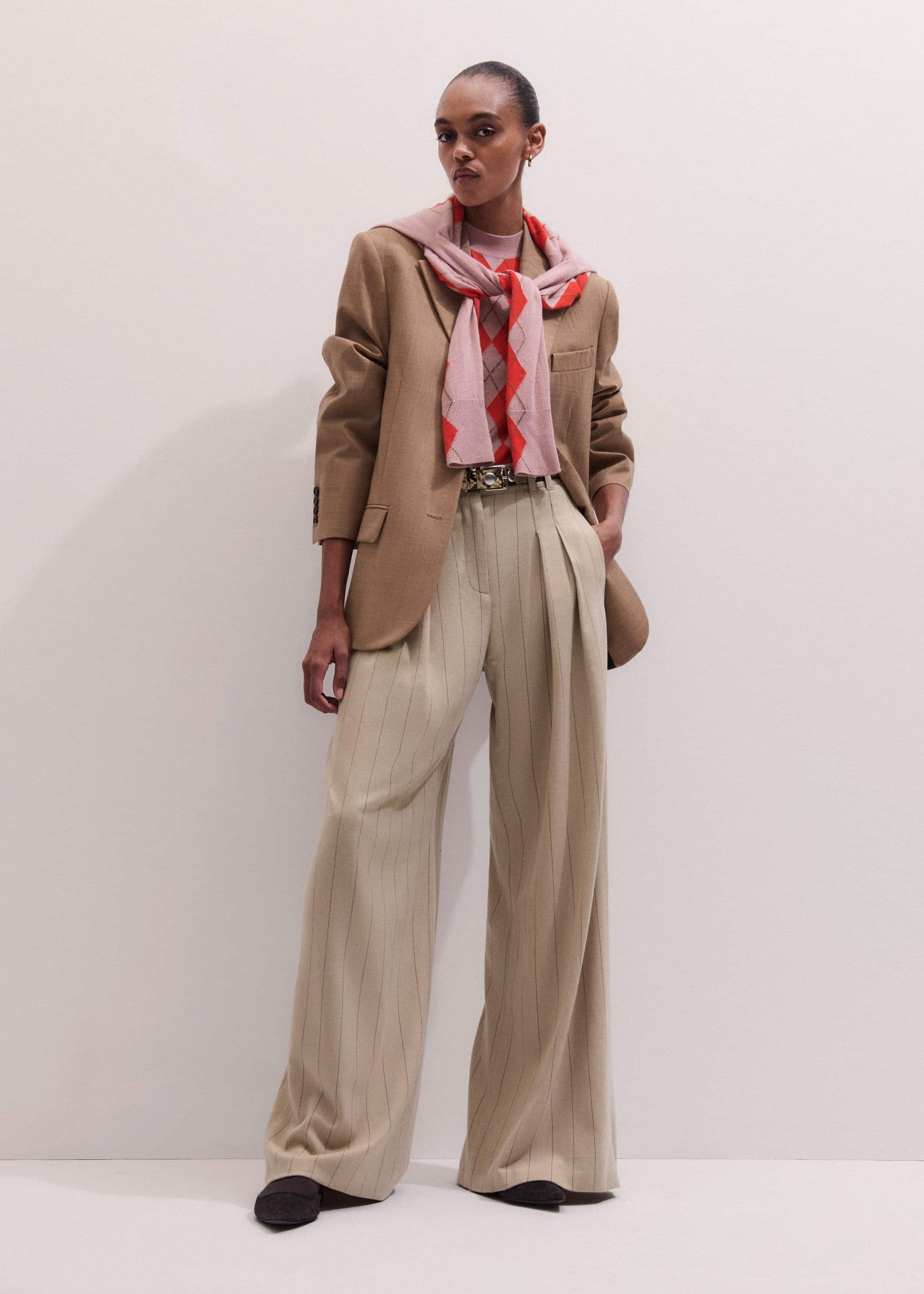 Brown Wide-Leg Double Pleat Pinstripe Pant