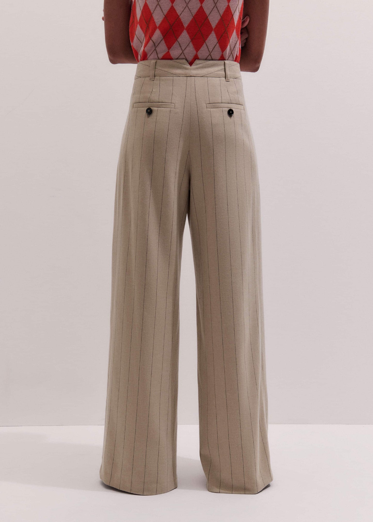 Brown Wide-Leg Double Pleat Pinstripe Pant