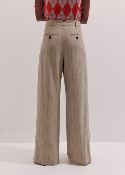 Brown Wide-Leg Double Pleat Pinstripe Pant