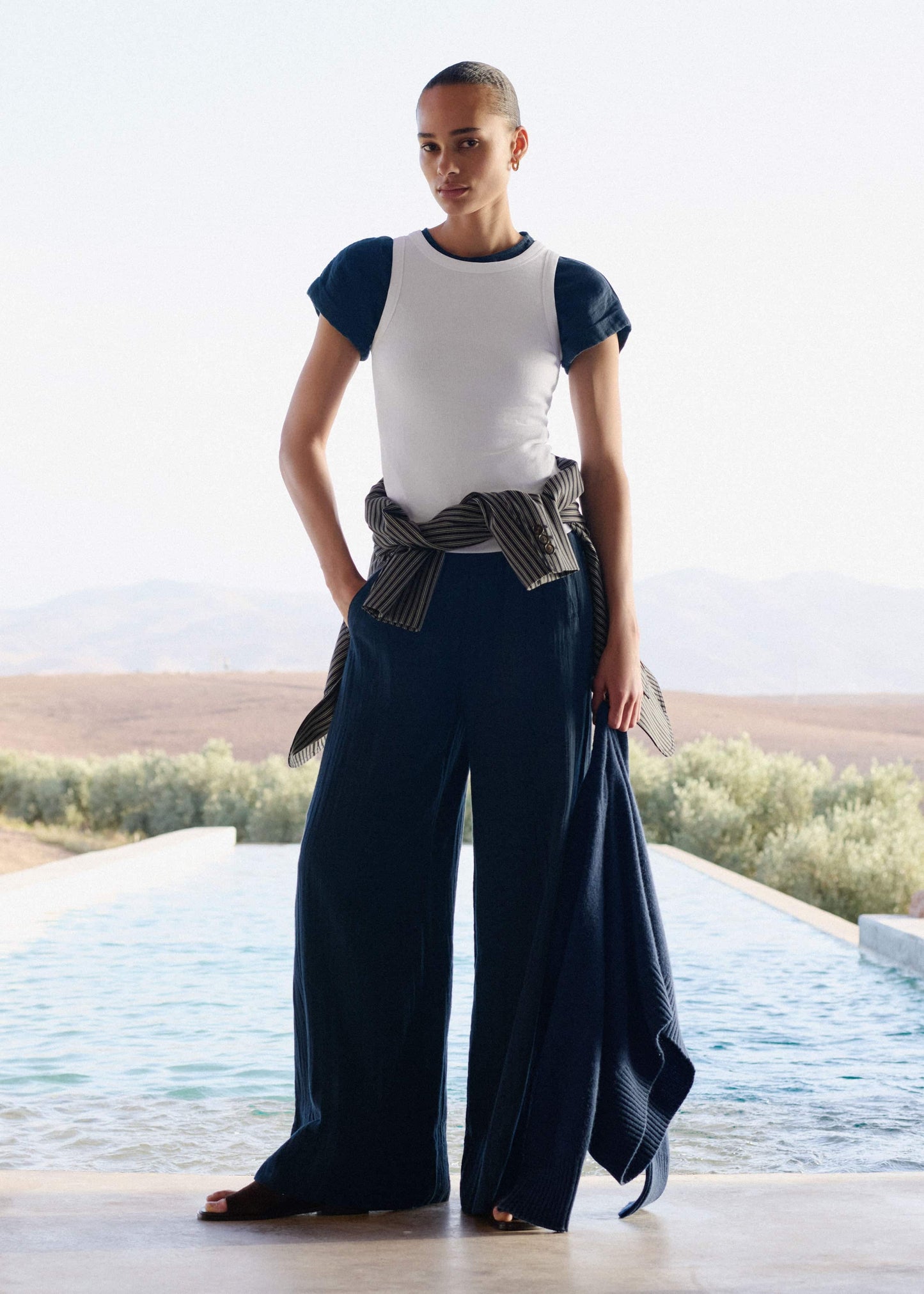 Navy Cheesecloth Wide-Leg Pant