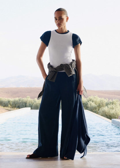 Navy Cheesecloth Wide-Leg Pant