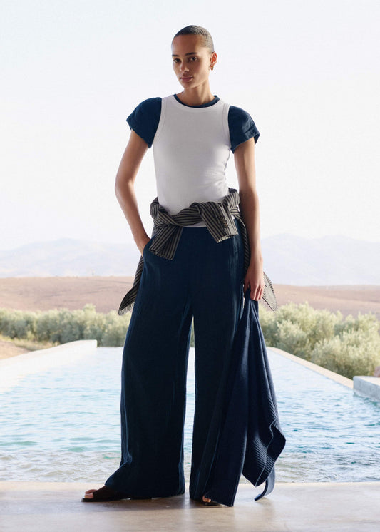Navy Cheesecloth Wide-Leg Pant
