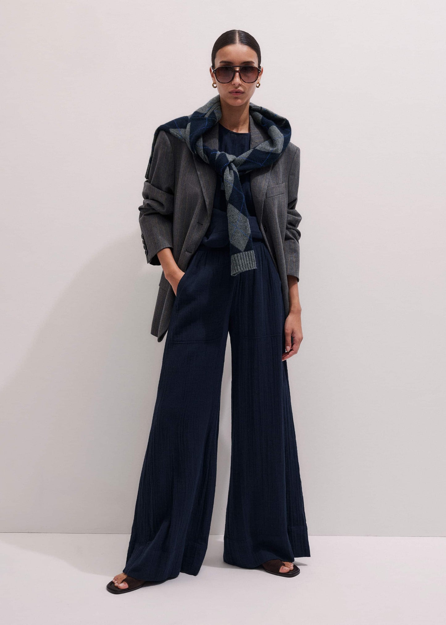 Navy Cheesecloth Wide-Leg Pant