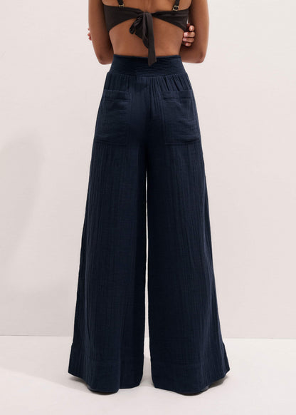 Navy Cheesecloth Wide-Leg Pant