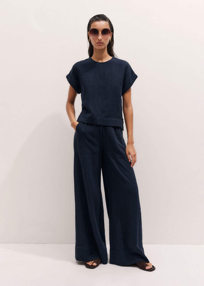 Navy Cheesecloth Wide-Leg Pant