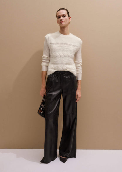 Warm Black Leather Wide-Leg Track Pant